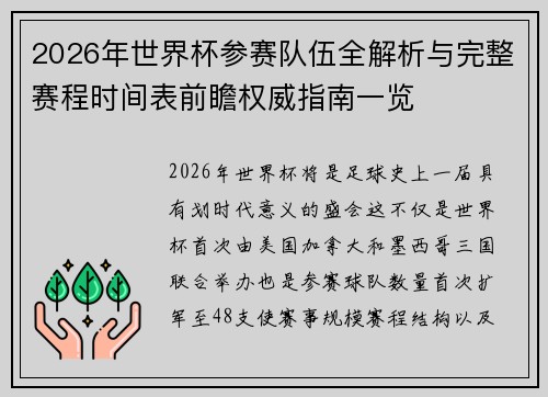 2026年世界杯参赛队伍全解析与完整赛程时间表前瞻权威指南一览