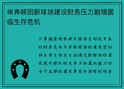 埃弗顿因新球场建设财务压力剧增面临生存危机 埃弗顿因新球场建设财务压力剧增面临生存危机